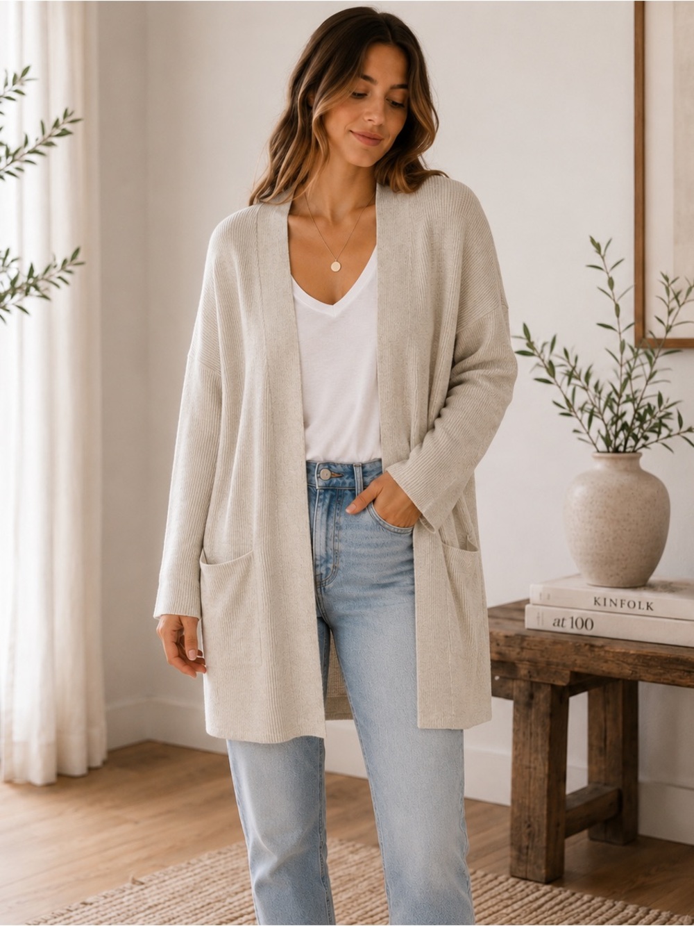 NWT Donni Sandwash Ribbed Duster Cardigan Oatmeal Open Front One Size